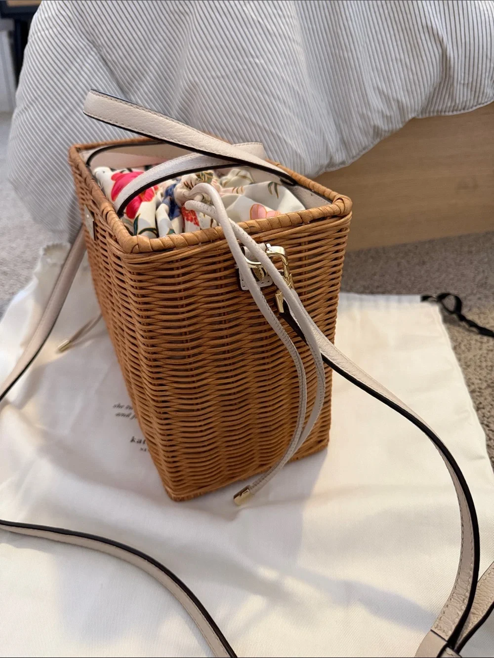 kate spade Sam Wicker Basket Bag with Cream Trim and Floral Interior - Picture 4 of 10